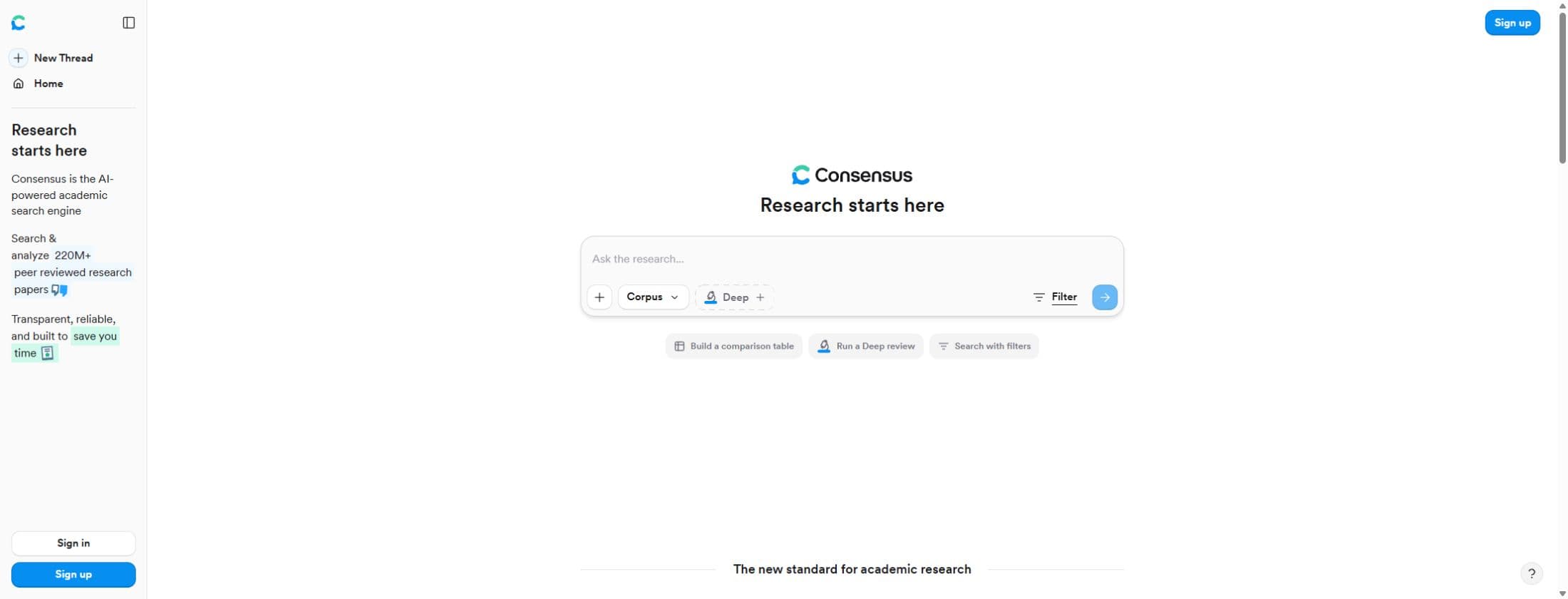 Consensus’s public research interface with paper search, Deep review and filtering controls.