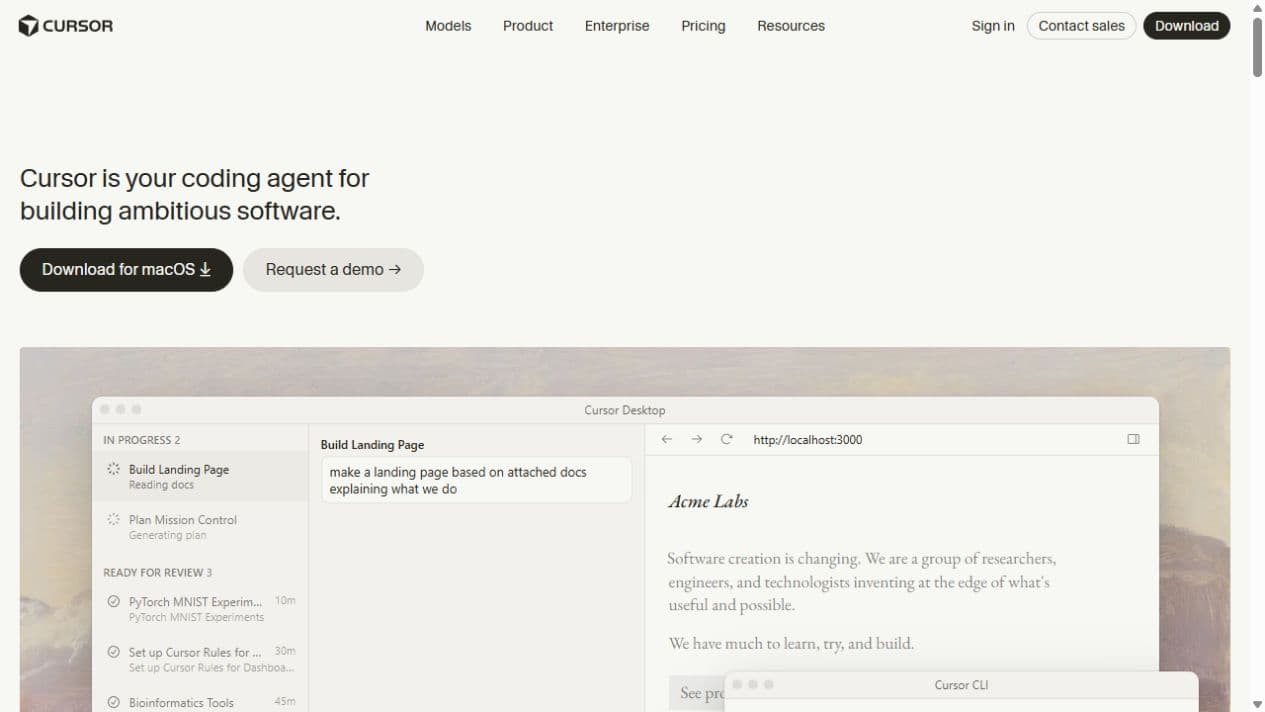 Cursor’s public website with its interactive Desktop demo, captured 4 October 2026.