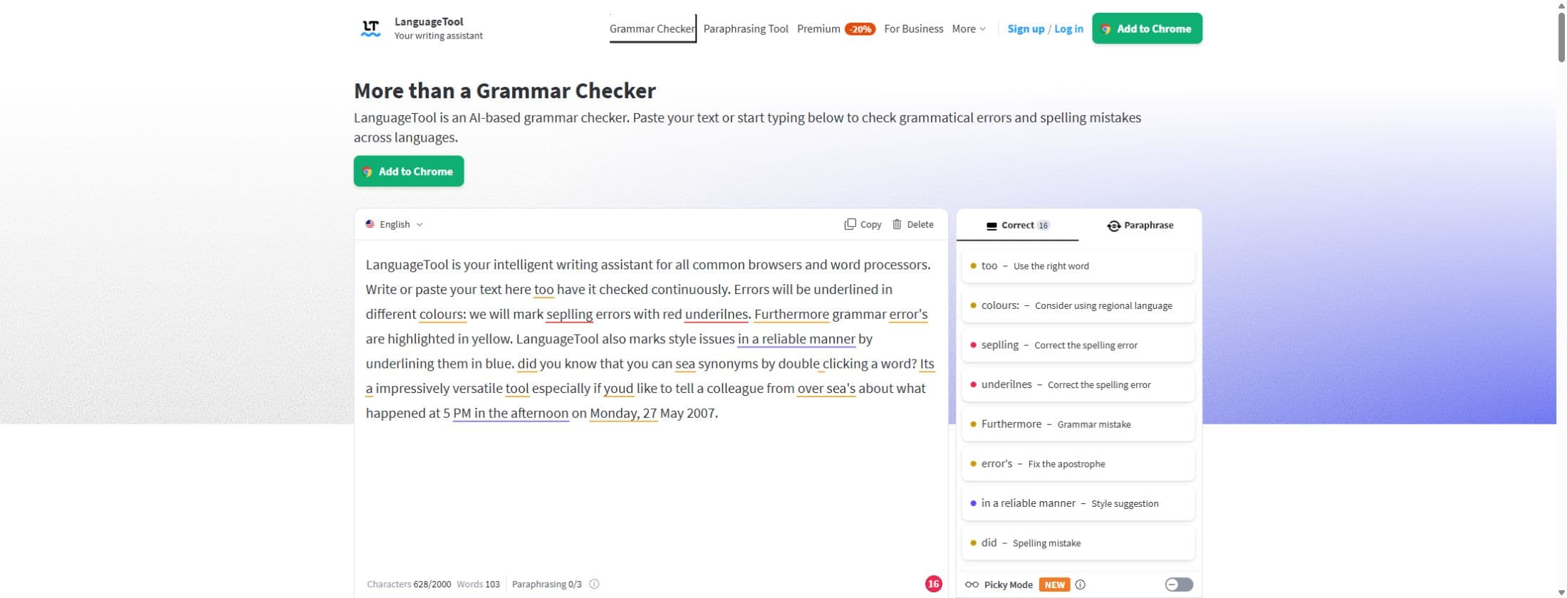 LanguageTool’s public grammar checker showing its built-in example text.