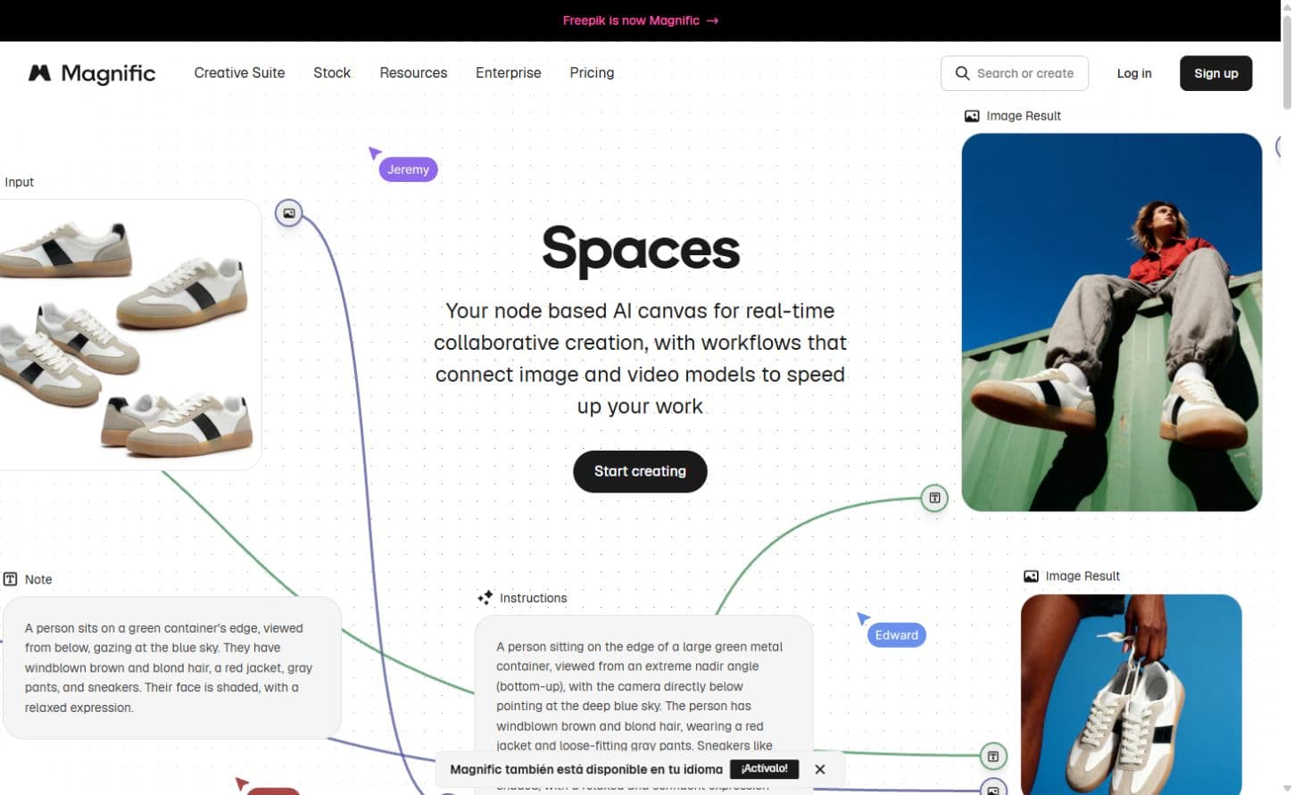 Magnific’s public Spaces page illustrates its node-based canvas with product imagery and connected creative steps.