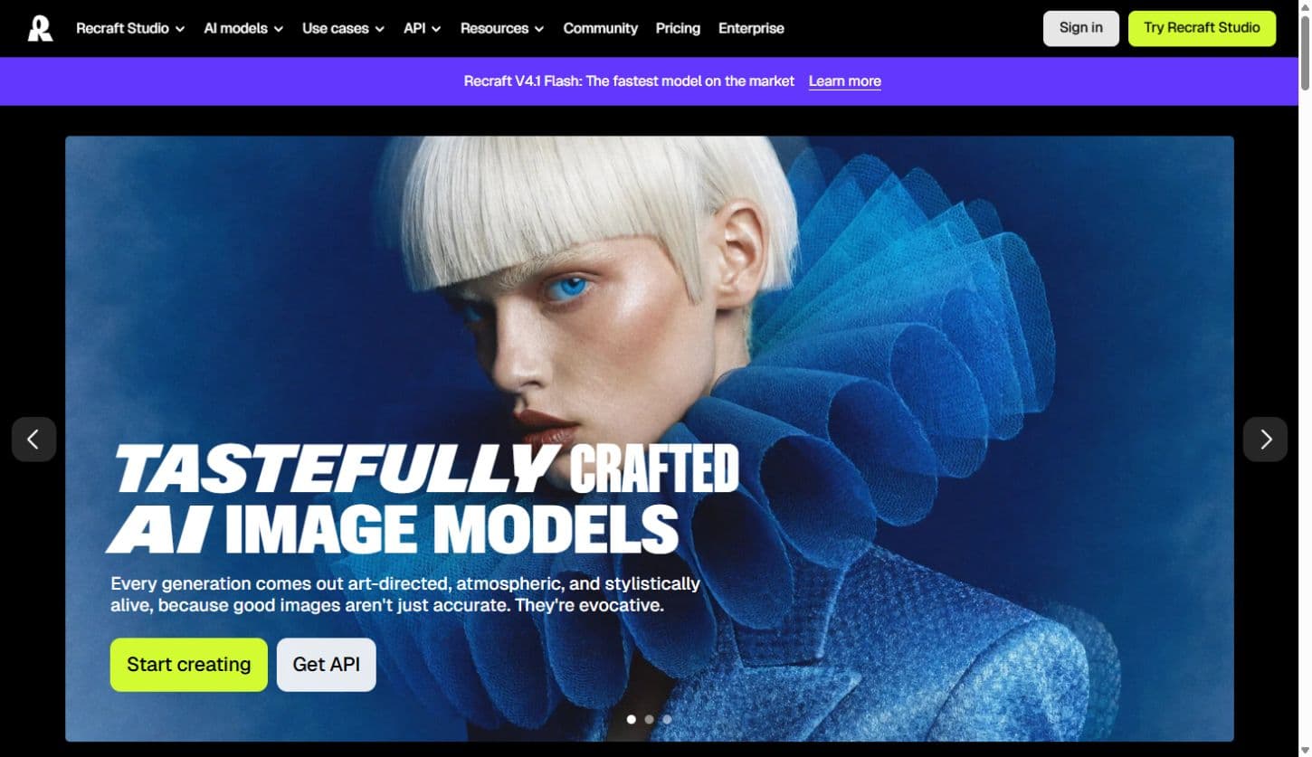 Recraft’s public homepage showcasing its image models and a vendor example image.